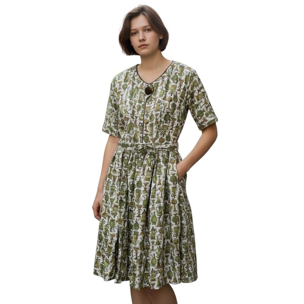 Vintage Handmade 60s Midi Dress with Belt Sz 8 Vase Pattern Short Sleeve Zipper